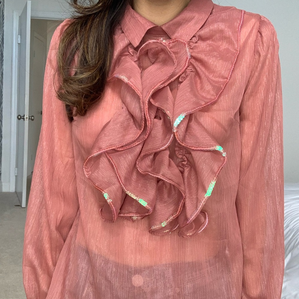 New mauve pink blouse with ruffle details!